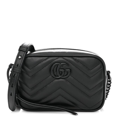 Gucci Calfskin Matelasse Monochrome Mini GG Marmont Chain Shoulder Bag Black 1 of 11
