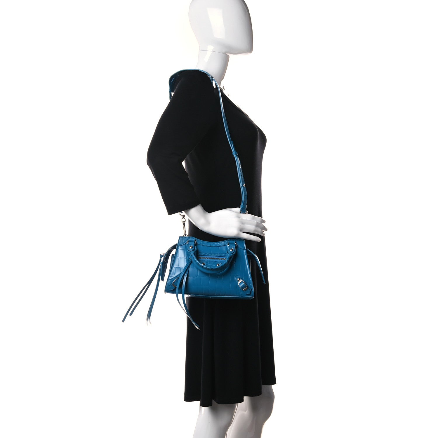 Balenciaga Semi Shiny Calfskin Crocodile Embossed Neo Classic Silver Hardware Mini City Turquoise 2 of 12