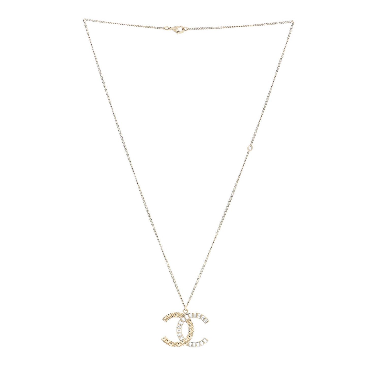 Baguette Crystal Quilted CC Pendant Necklace Gold