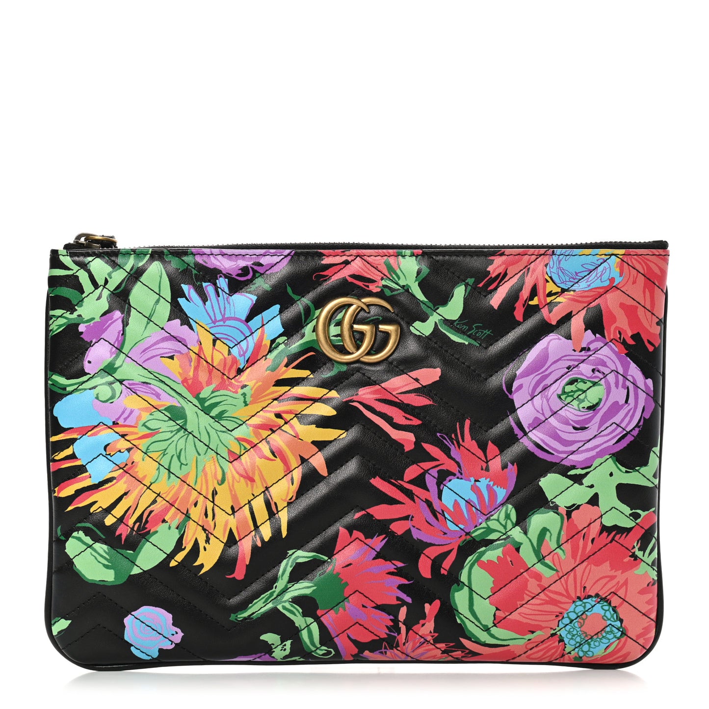 X KEN SCOTT Calfskin Matelasse Floral Print GG Marmont Zip Pouch Black