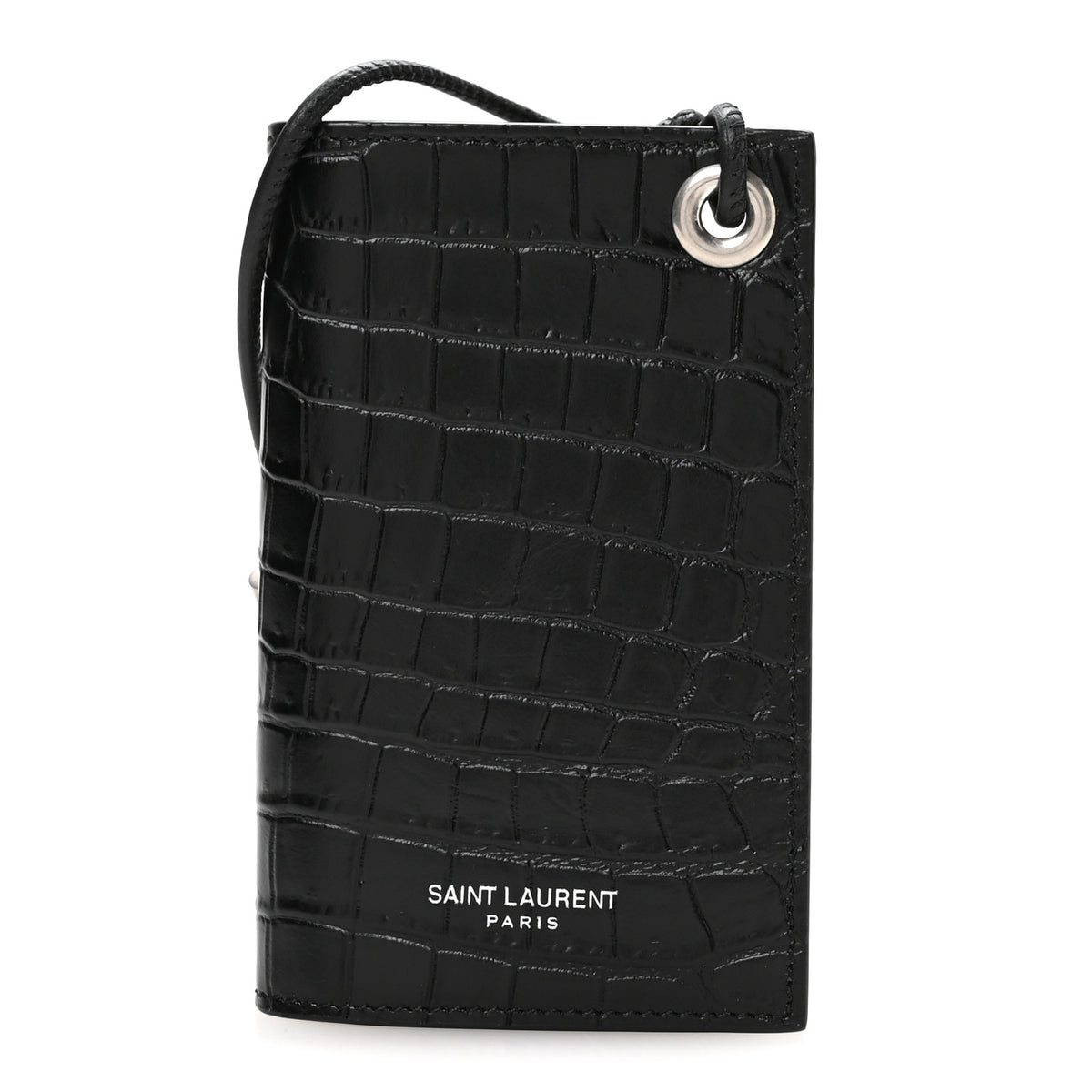 Crocodile Embossed Grained Calfskin Lanyard Card Case Black