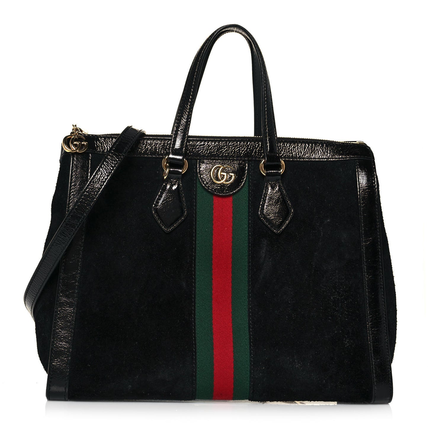 Suede Patent GG Web Medium Ophidia Tote Bag Black