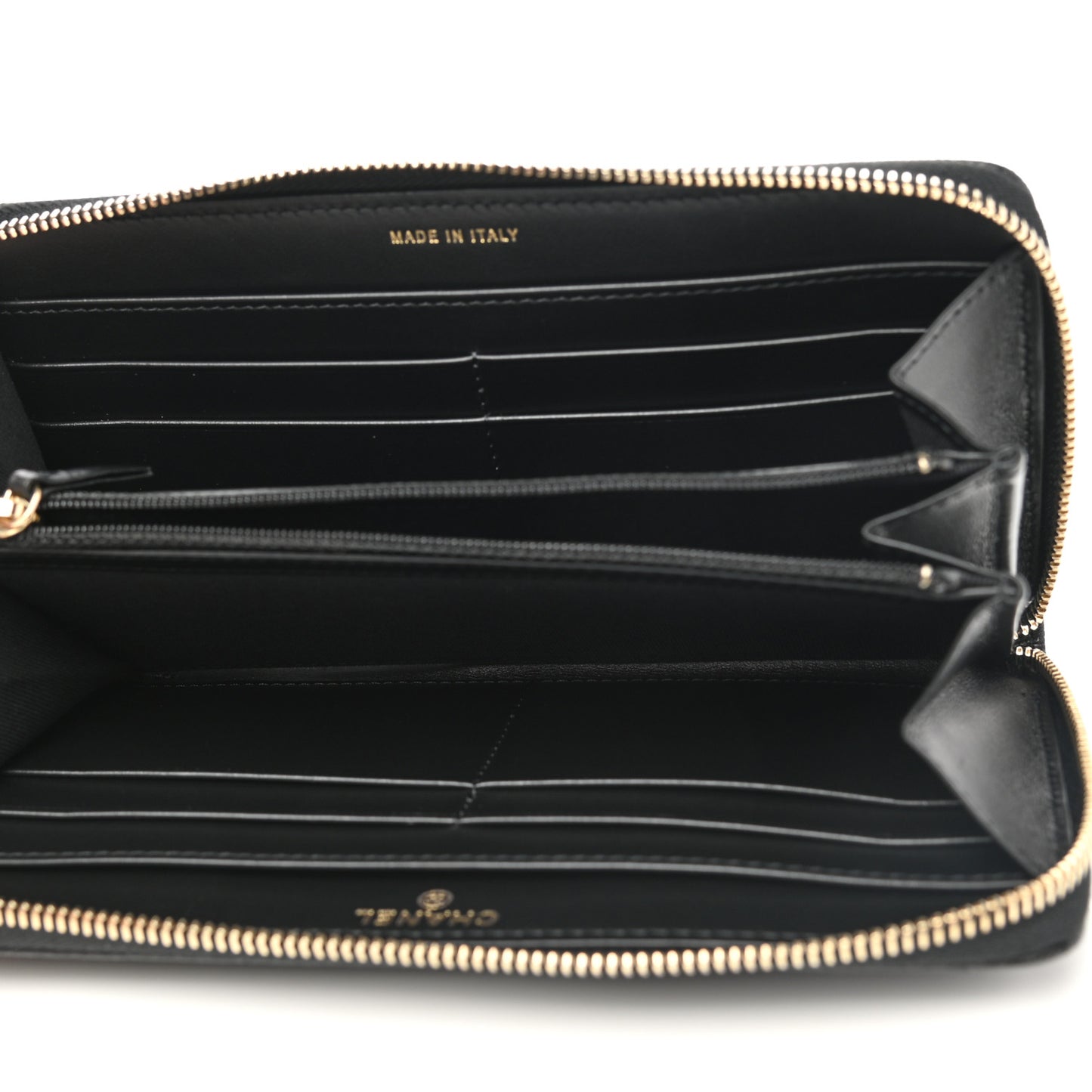 Caviar Camellia Embossed Large Zip Around Gusset Wallet Black