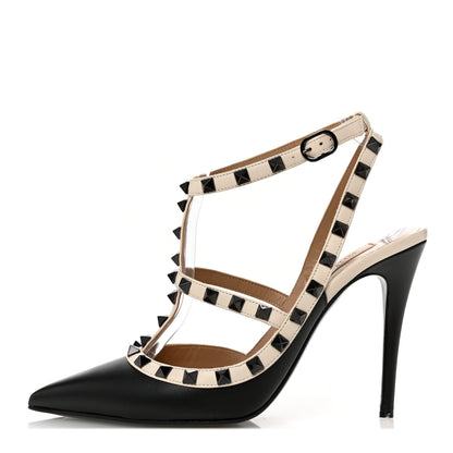 Valentino Garavani Calfskin Rockstud Ankle Strap 100mm Pumps 39 Light Ivory Black 1 of 9