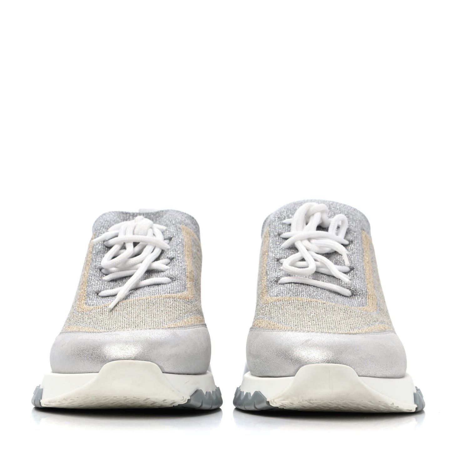 Metallic Knit Calfskin Suede Goatskin Bi-Color Womens Addict Sneakers 37 Multicolor Gris Argent