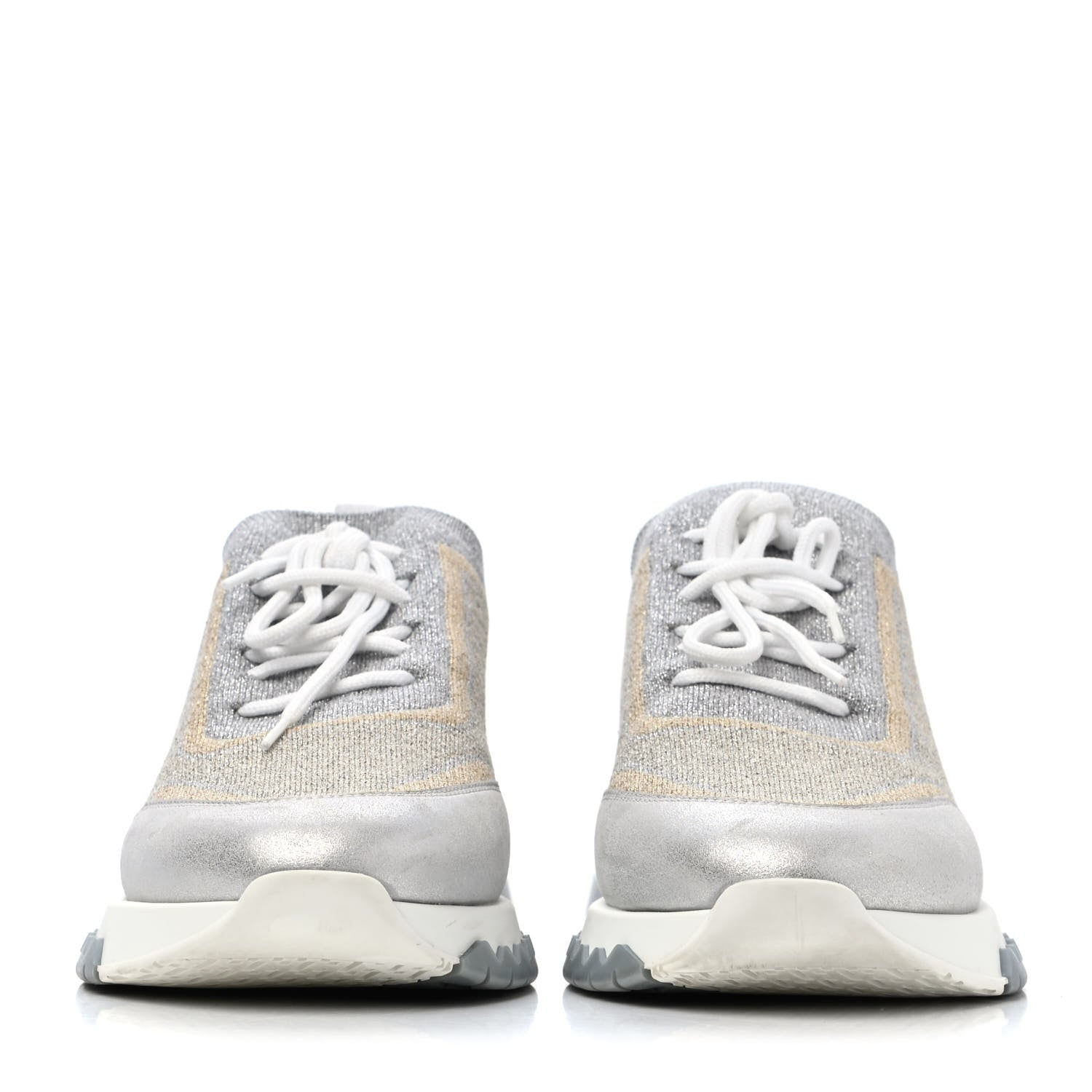 Hermes Metallic Knit Calfskin Suede Goatskin Bi-Color Womens Addict Sneakers 37 Multicolor Gris Argent 2 of 4