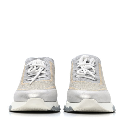 Hermes Metallic Knit Calfskin Suede Goatskin Bi-Color Womens Addict Sneakers 37 Multicolor Gris Argent 2 of 4