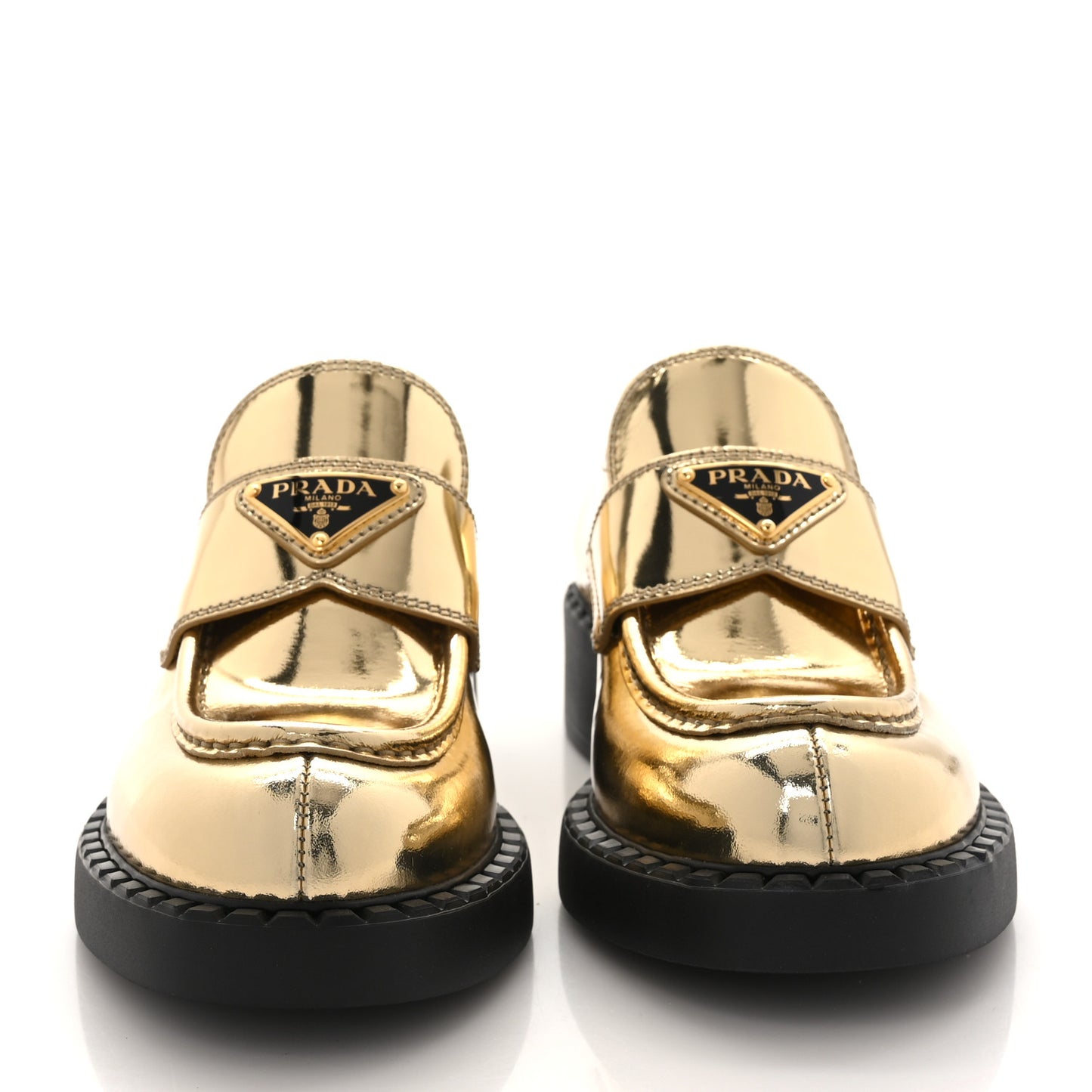 Metallic Brushed Calfskin Metal Triangle Logo 50mm Loafers 36 Platino