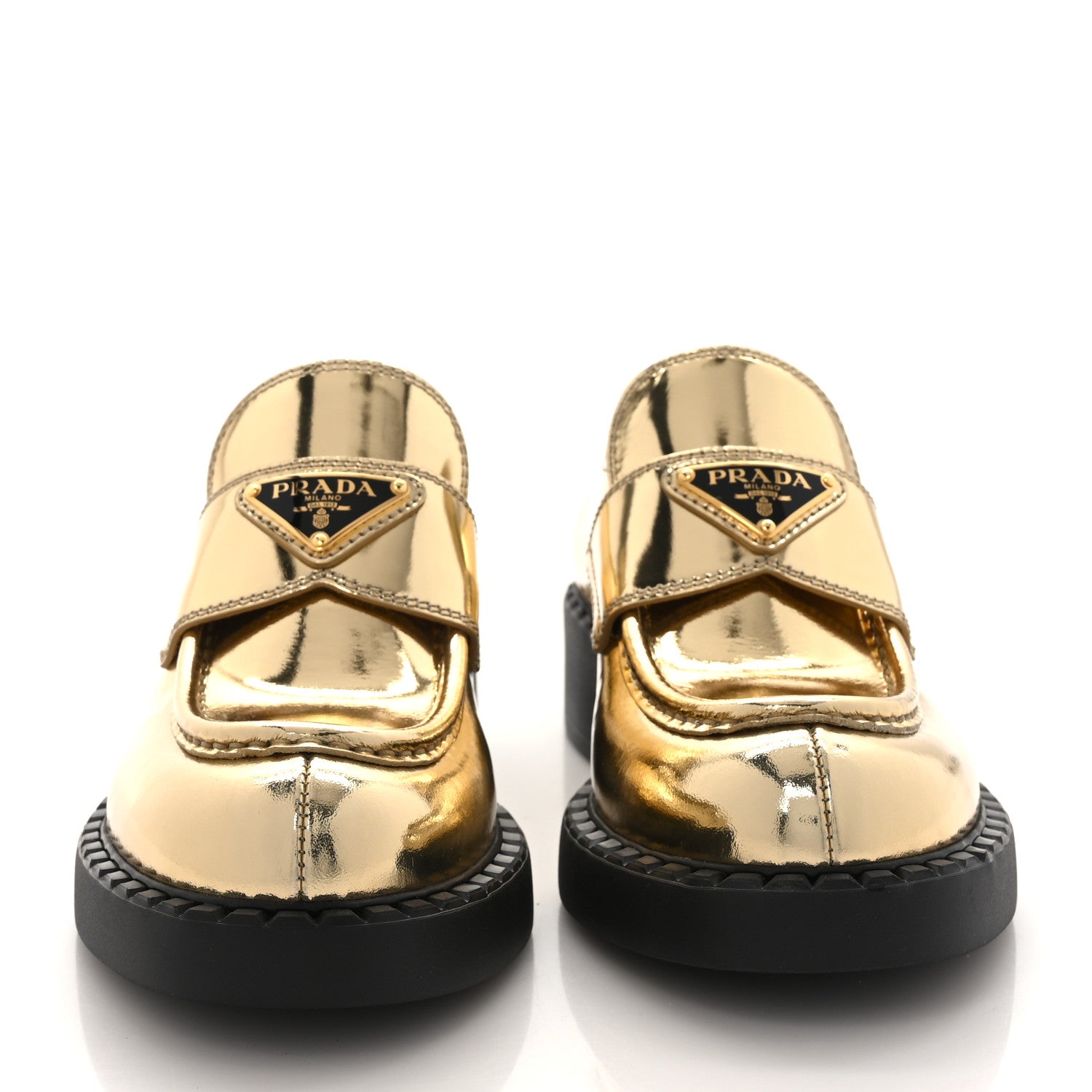 Prada Metallic Brushed Calfskin Metal Triangle Logo 50mm Loafers 36 Platino 2 of 7