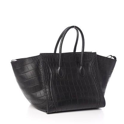 Celine Crocodile Embossed Calfskin Medium Phantom Luggage Black 3 of 9