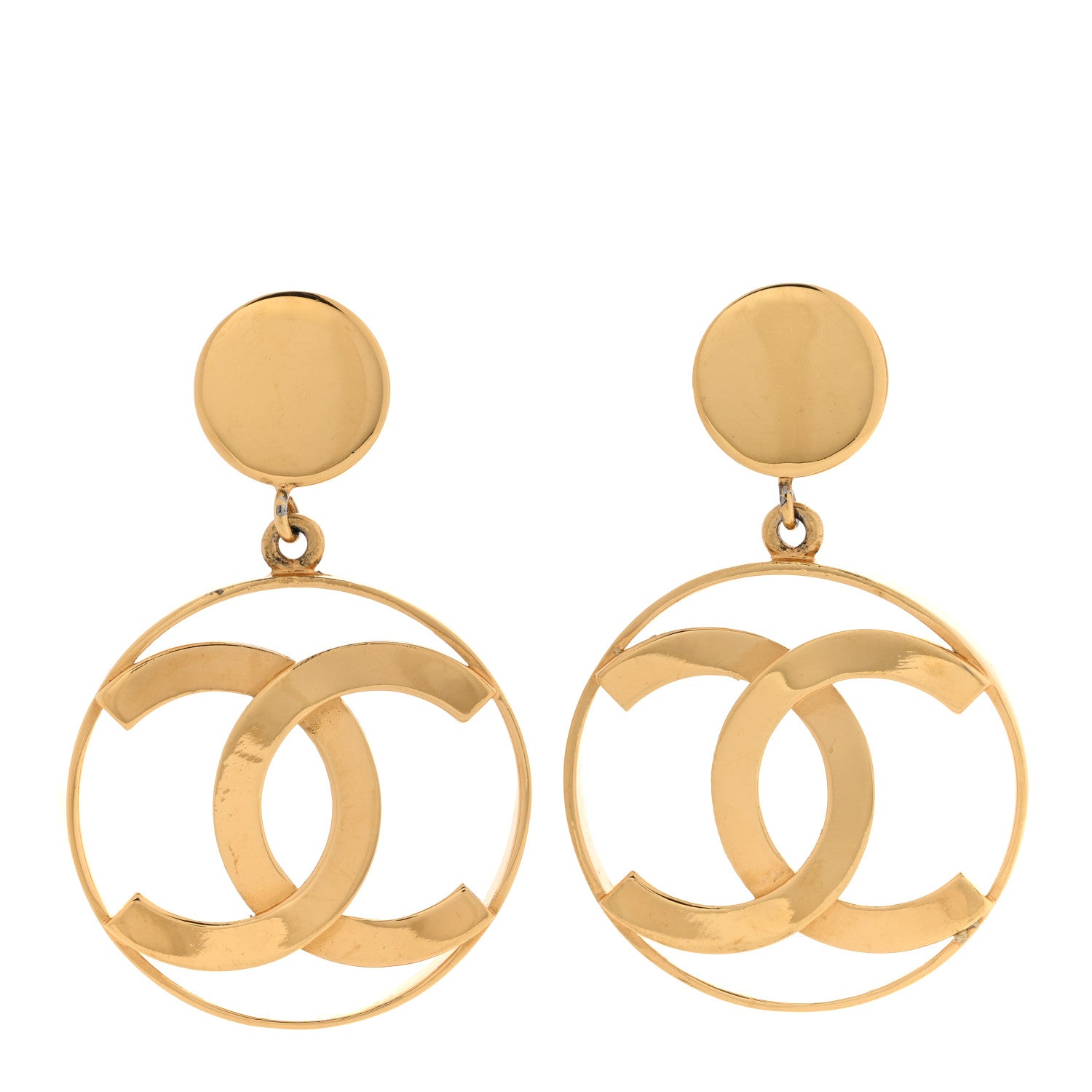 Chanel Metal Round CC Drop Clip On Earrings Gold 1 of 6