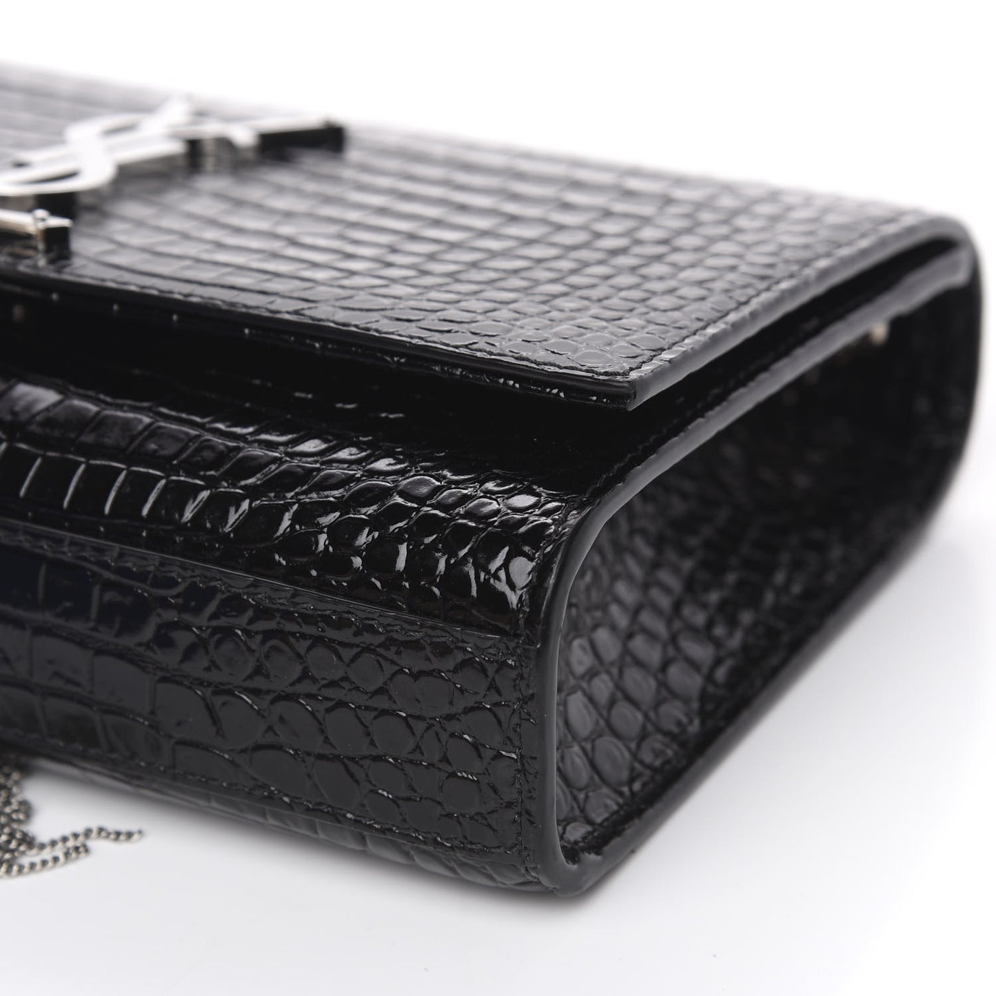 Calfskin Crocodile Embossed Small Classic Monogram Kate Tassel Satchel Black