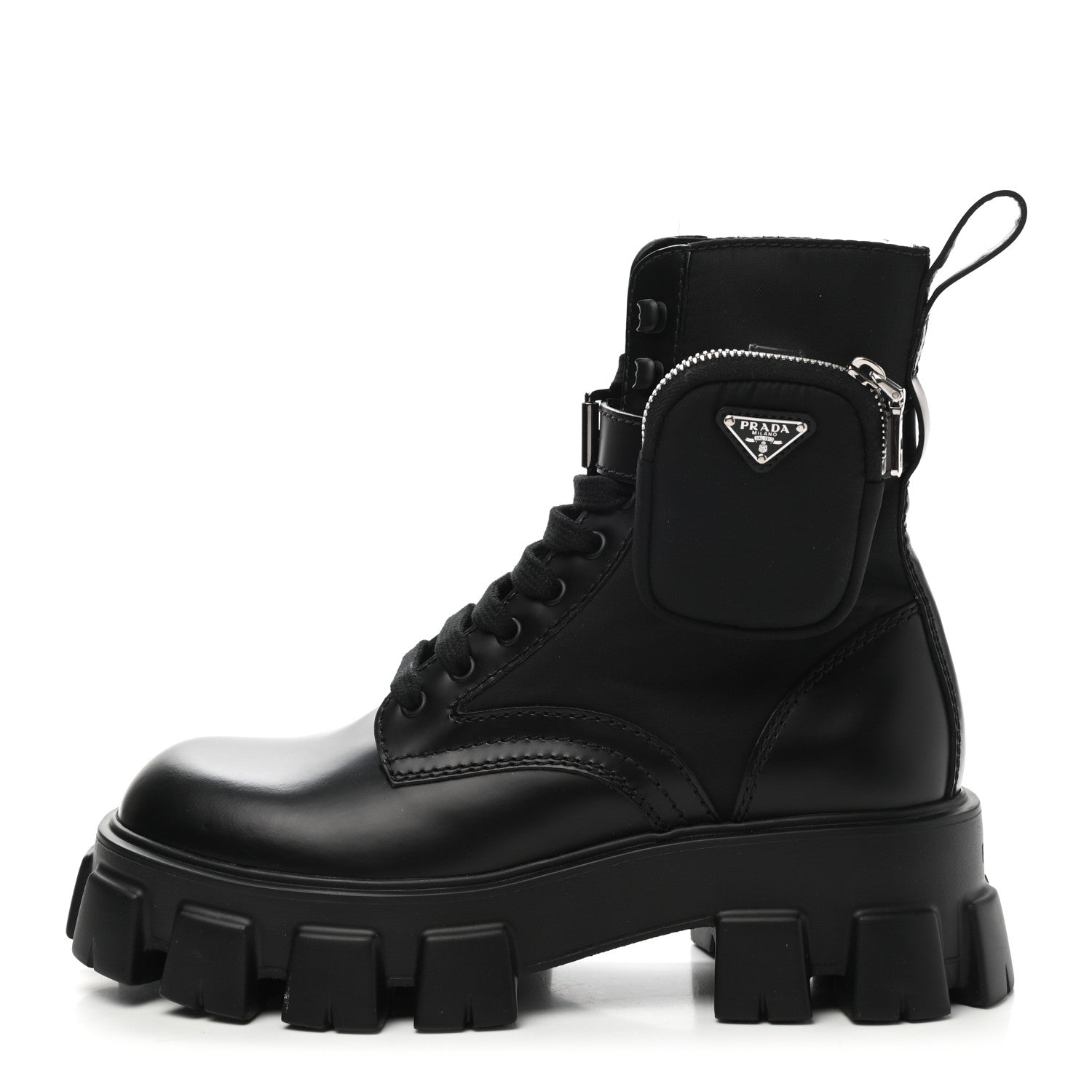Prada Spazzolato Rois Re-Nylon Metal Triangle Logo Mens Monolith Pouch Pocket 60mm Combat Boots 7 Black 1 of 14