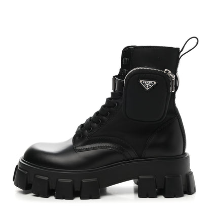 Prada Spazzolato Rois Re-Nylon Metal Triangle Logo Mens Monolith Pouch Pocket 60mm Combat Boots 7 Black 1 of 14