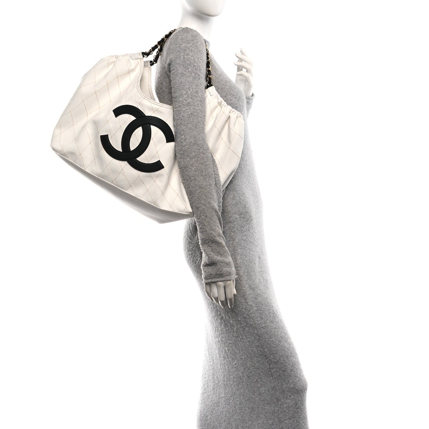 Denim Calfskin Quilted Coco Beach Small Shopping Tote White Black