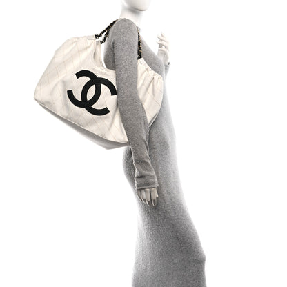 Chanel Denim Calfskin Quilted Coco Beach Small Shopping Tote White Black 2 of 11