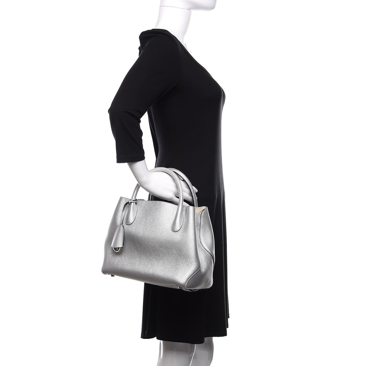 Metallic Supple Grained Calfskin Medium Open Bar Tote Silver