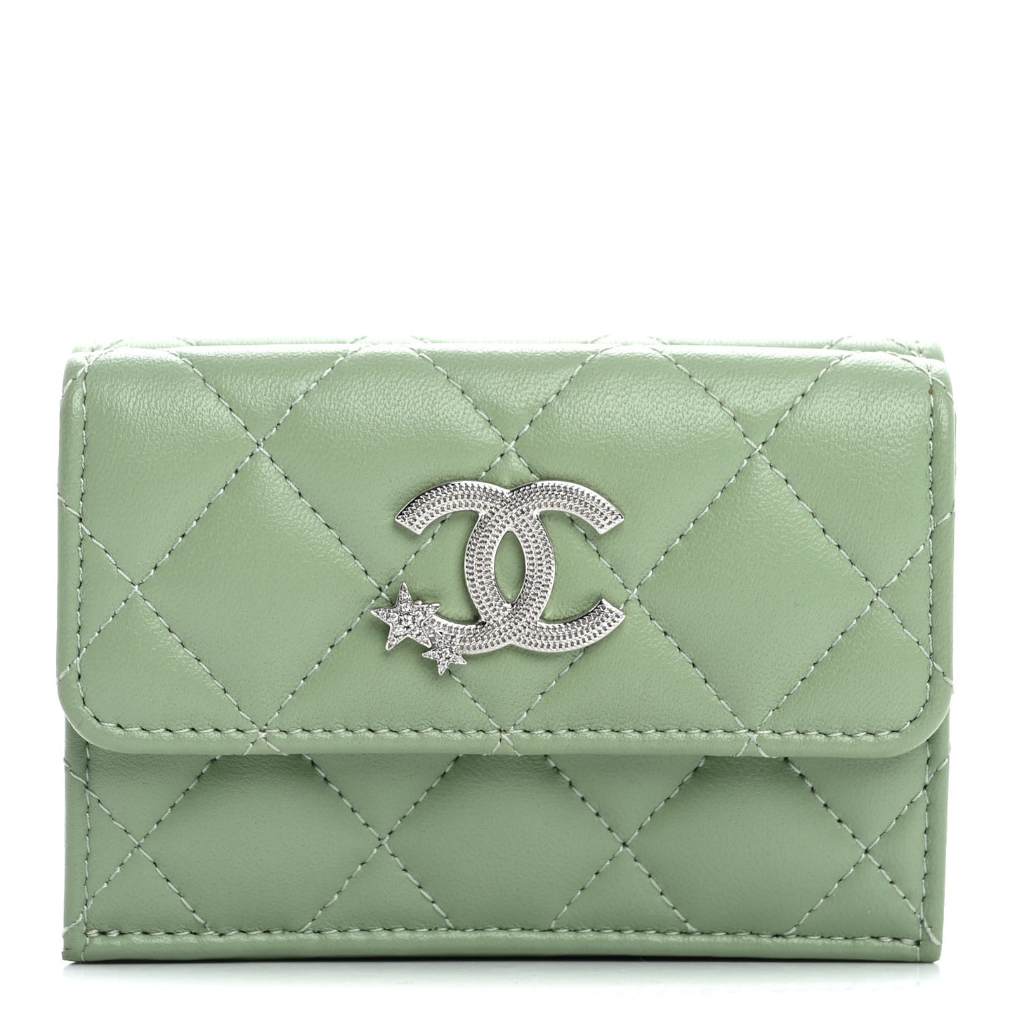 Caviar Quilted Crystal Star Wallet White Green