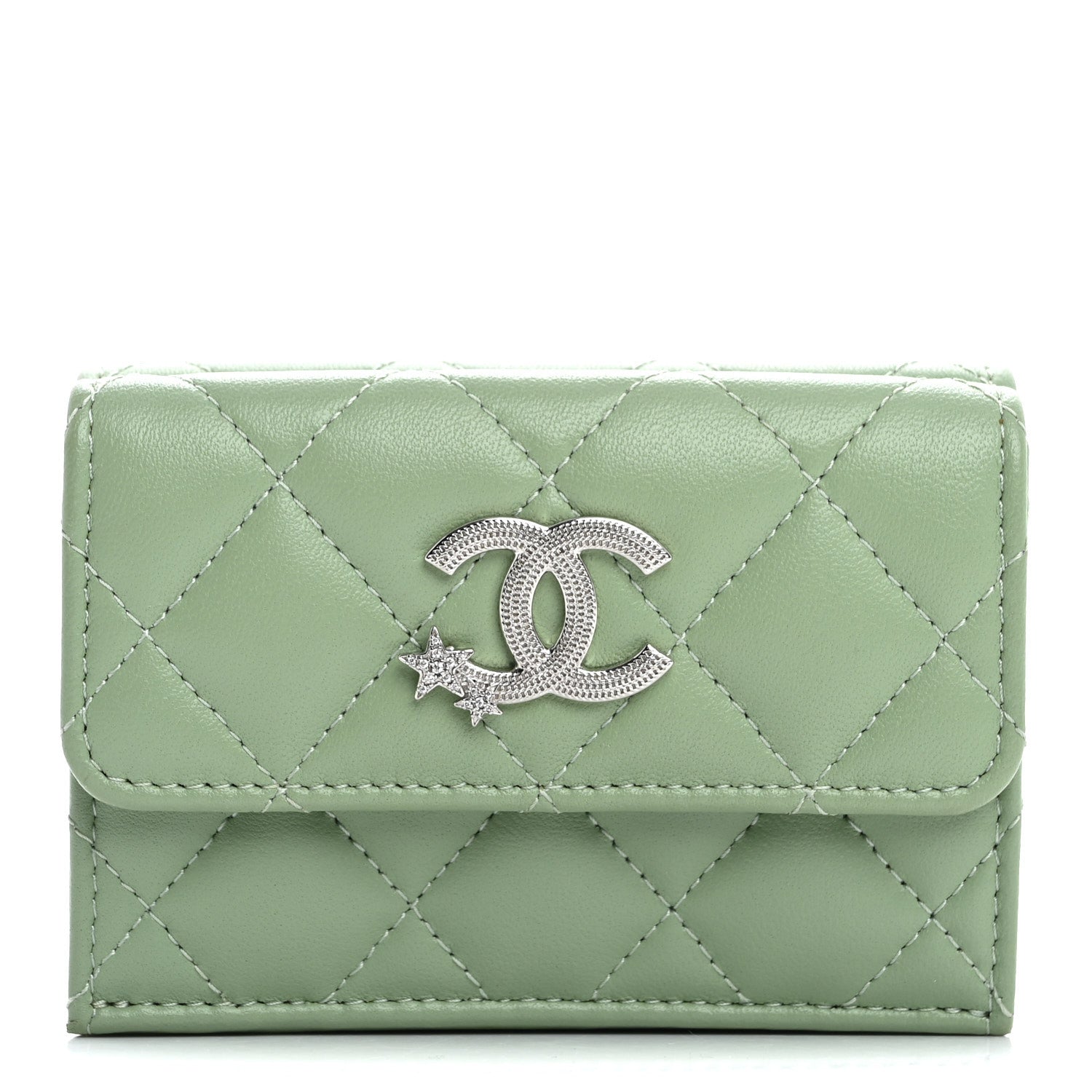 Chanel Caviar Quilted Crystal Star Wallet White Green 1 of 8