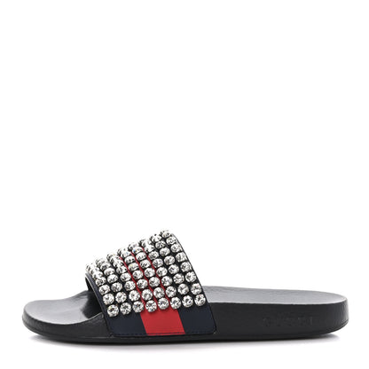 Gucci Calfskin Crystal Embellished Web Slide Sandals 40 Blue Red 1 of 8