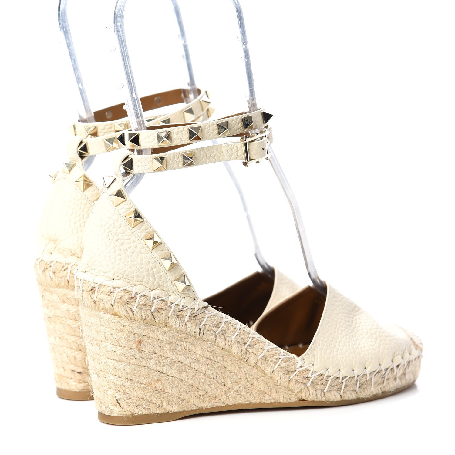 Valentino Garavani Grained Calfskin Rockstud Ankle Wrap Espadrille 15/85mm Wedges 36 Light Ivory 4 of 10