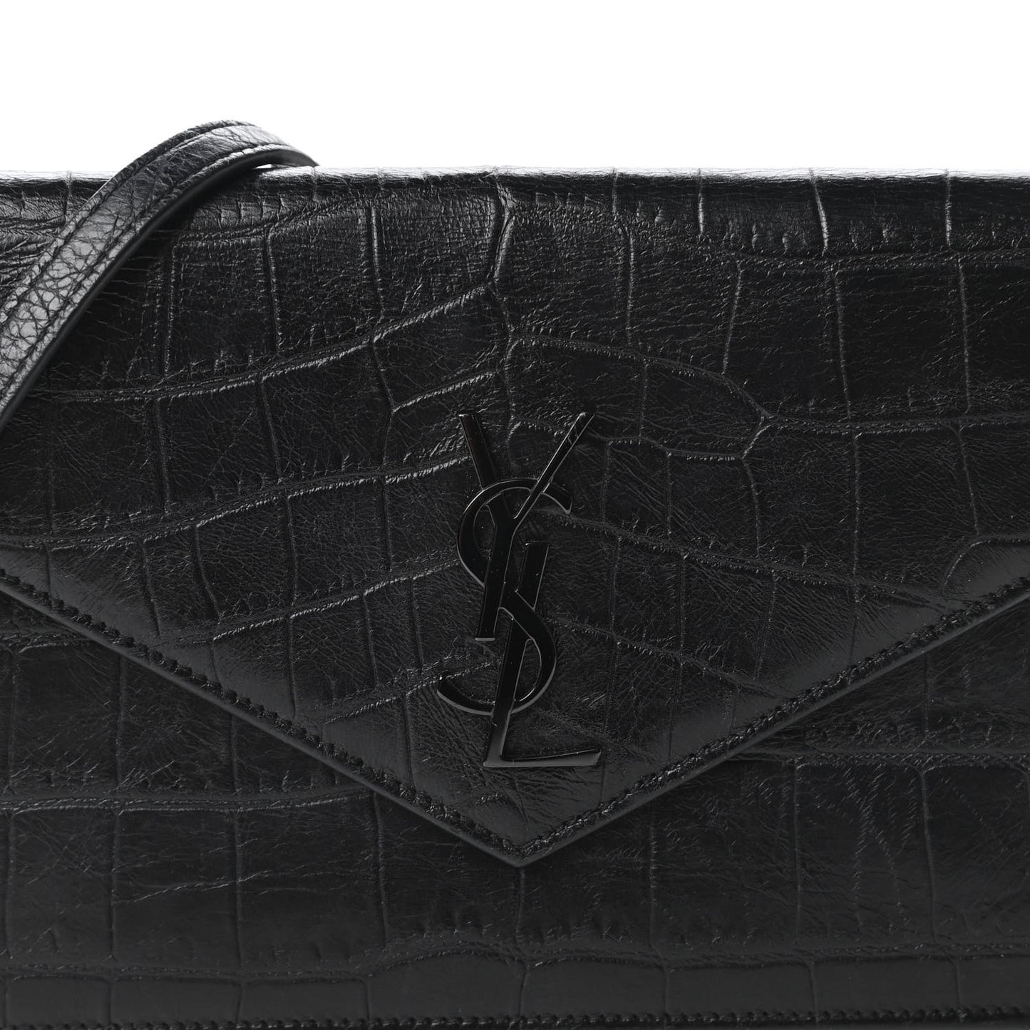 Calfskin Crocodile Embossed Monogram Envelope Chain Wallet Black