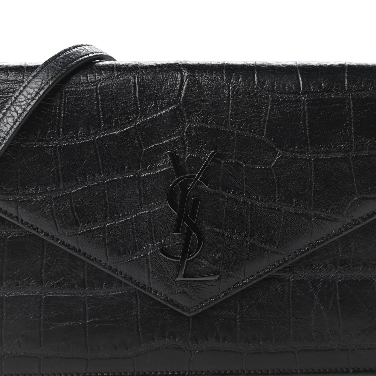 Saint Laurent Calfskin Crocodile Embossed Monogram Envelope Chain Wallet Black 10 of 10