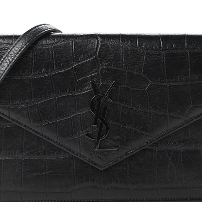 Saint Laurent Calfskin Crocodile Embossed Monogram Envelope Chain Wallet Black 10 of 10