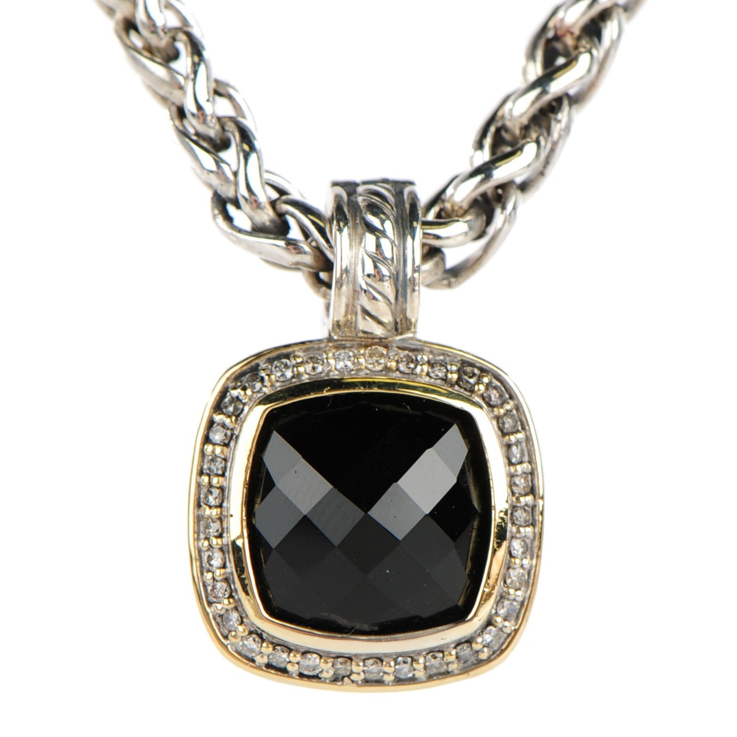 Sterling Silver 18K Yellow Gold Black Onyx Pave Diamond 7mm Petite Albion Wheat Chain Necklace