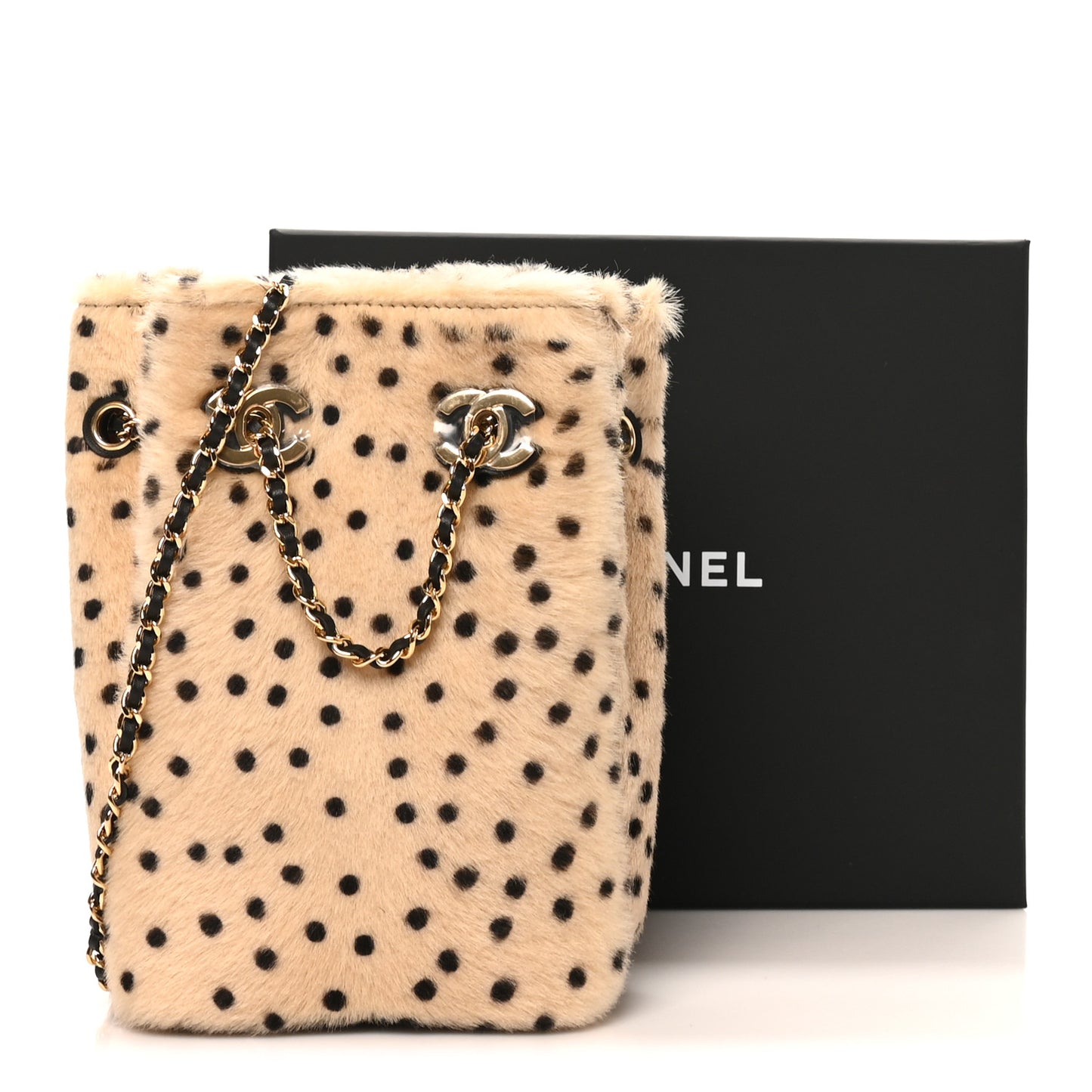 Pony Hair Cheetah Printed CC Chain Bucket Bag Light Beige Black