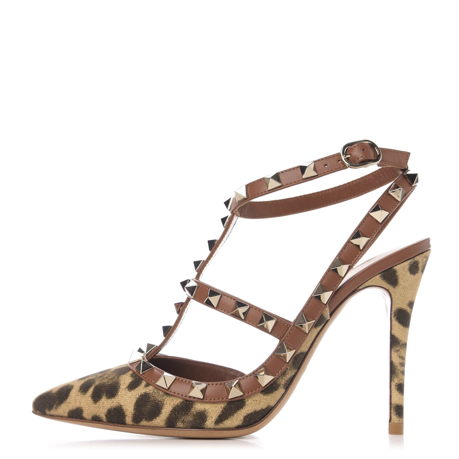 Valentino Garavani Canvas Leopard Print Rockstud Ankle Strap Pumps 35 Brown 1 of 9