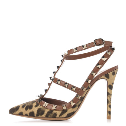 Valentino Garavani Canvas Leopard Print Rockstud Ankle Strap Pumps 35 Brown 1 of 9