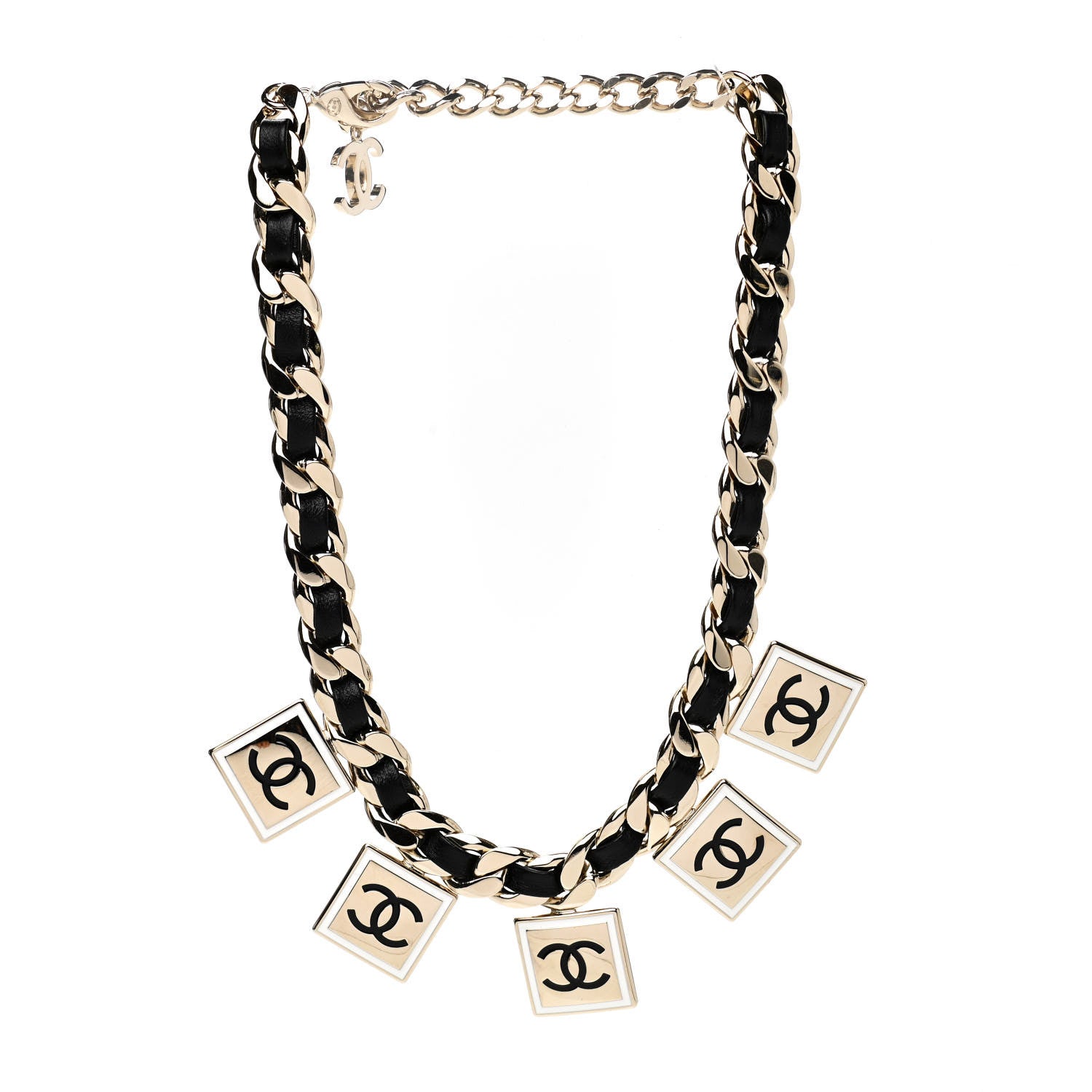 Chanel Metal Lambskin CC Square Charms Choker Gold Black White 3 of 4