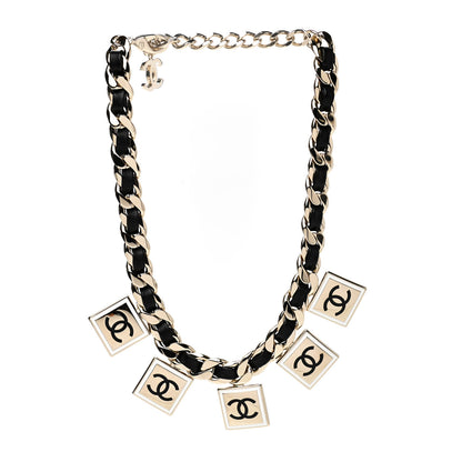 Chanel Metal Lambskin CC Square Charms Choker Gold Black White 3 of 4