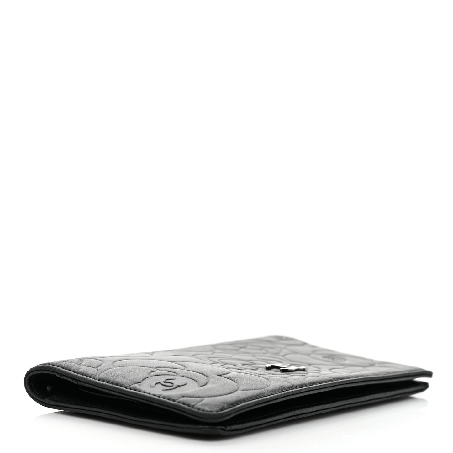 Lambskin Camellia Embossed Yen Wallet Black