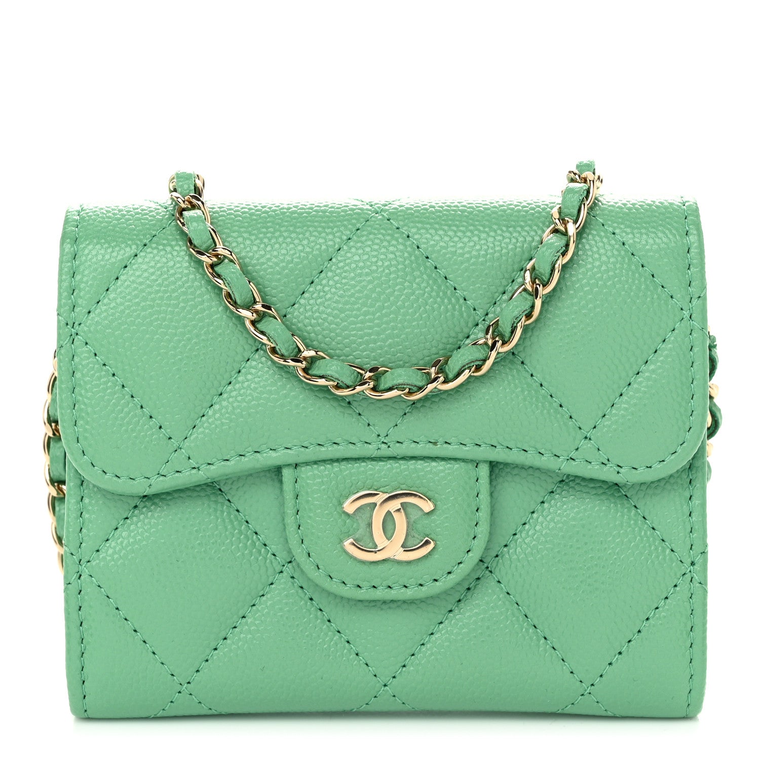 Chanel Caviar Quilted Flap Card Holder On Chain Light Green 1 of 11