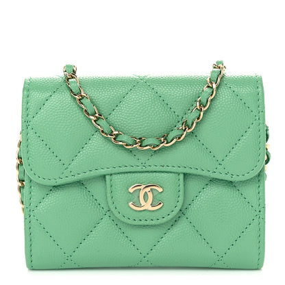 Chanel Caviar Quilted Flap Card Holder On Chain Light Green 1 of 11