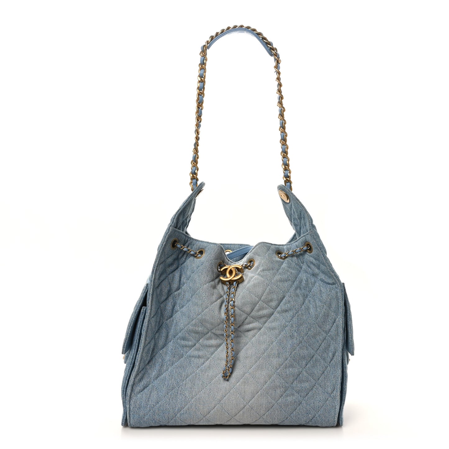 Washed Denim Quilted Medium Chanel 25 Handbag Blue