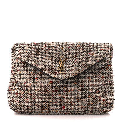 Saint Laurent Tweed Quilted Loulou Puffer Monogram Pouch Clutch Beige Umber Multicolor 1 of 15