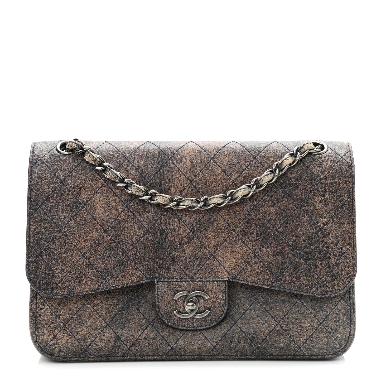 Calfskin Stitched Jumbo Double Flap Brown Blue