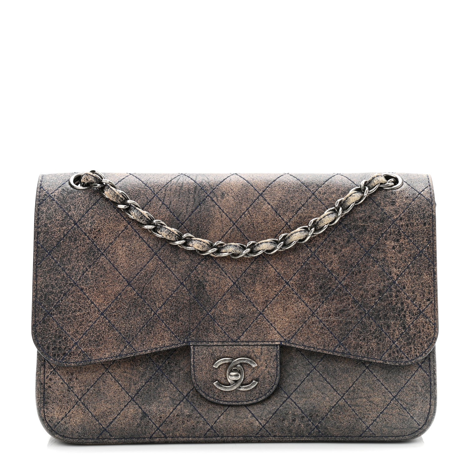 Chanel Calfskin Stitched Jumbo Double Flap Brown Blue 1 of 12