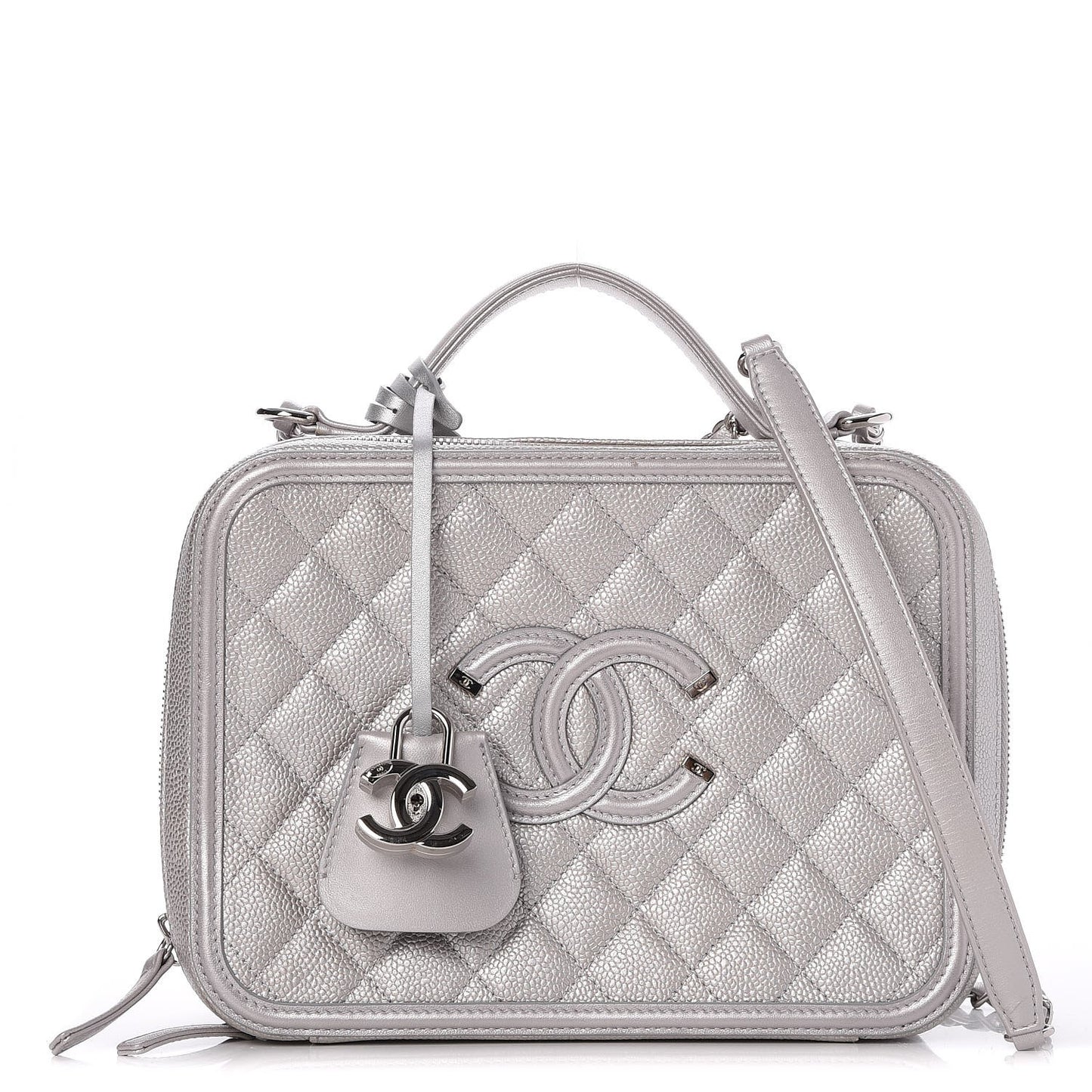 Metallic Caviar Quilted Large CC Filigree Vanity Case Silver