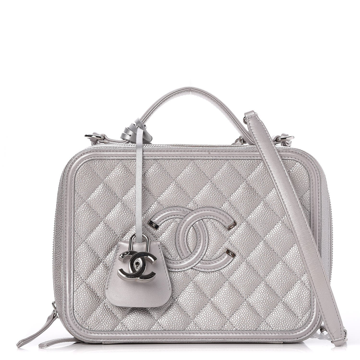 Chanel Metallic Caviar Quilted Large CC Filigree Vanity Case Silver 1 of 8