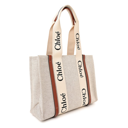 Chloe Cotton Calfskin Medium Woody Ribbon Tote White Brown 3 of 11
