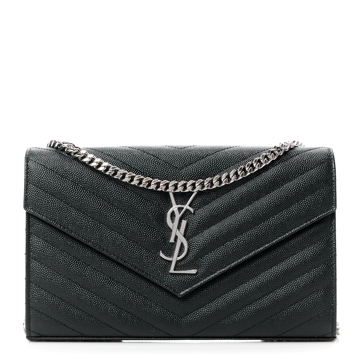 Saint Laurent Grain De Poudre Matelasse Chevron Monogram Chain Wallet Black 1 of 14