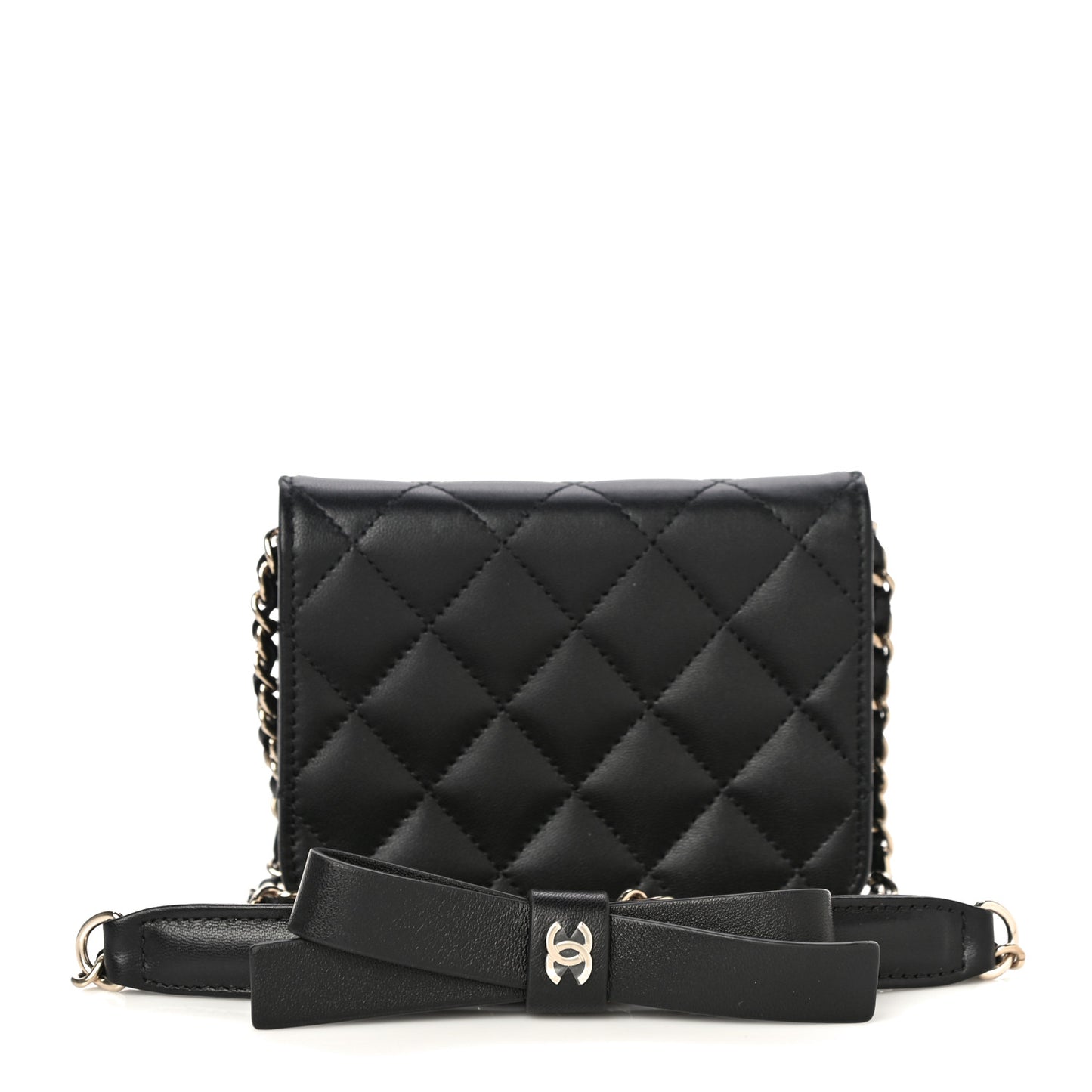 Lambskin Quilted Coco Bow Clutch With Chain Black