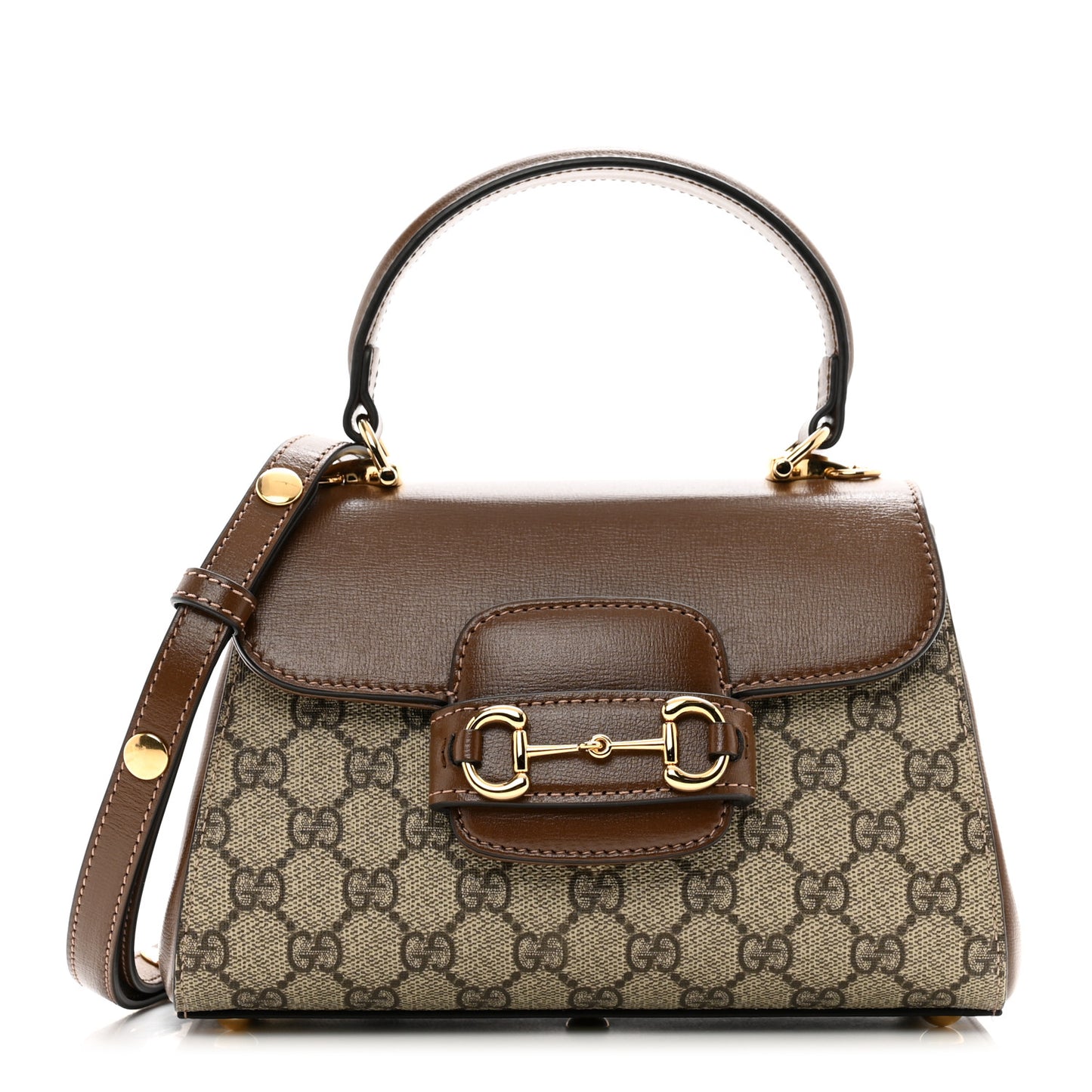 GG Supreme Monogram Azalea Calfskin Mini Horsebit 1955 Top Handle Flap Bag Beige Ebony Brown Sugar