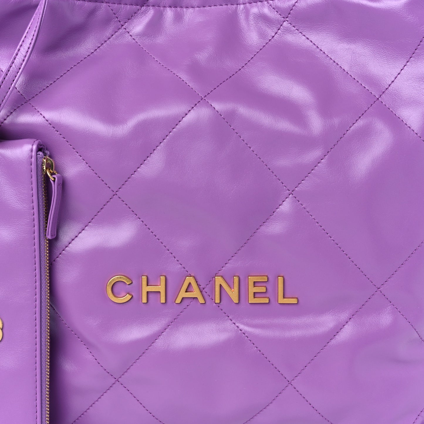 Shiny Calfskin Quilted Chanel 22 Drawstring Bag Purple