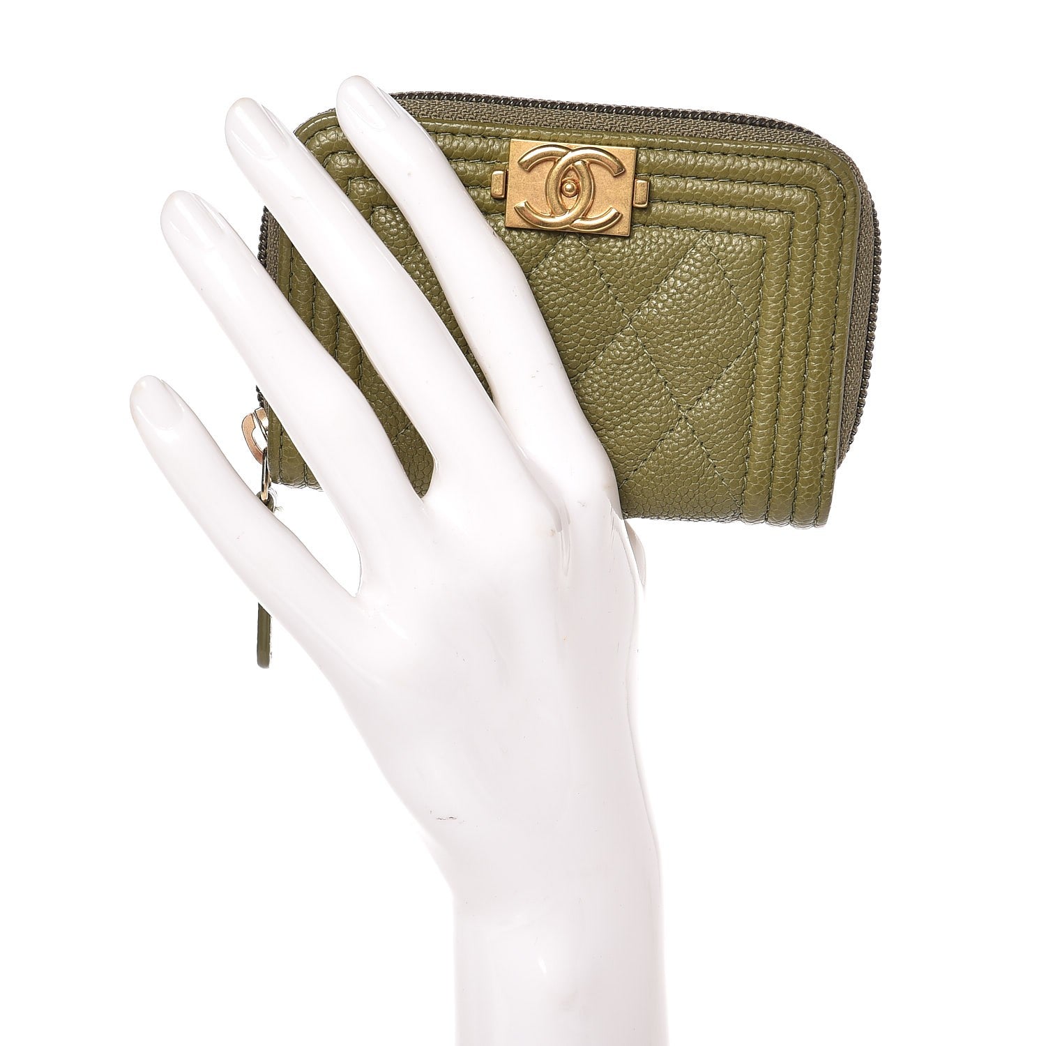 Chanel Caviar Quilted Boy Zip Around Coin Purse Wallet Green 2 of 8