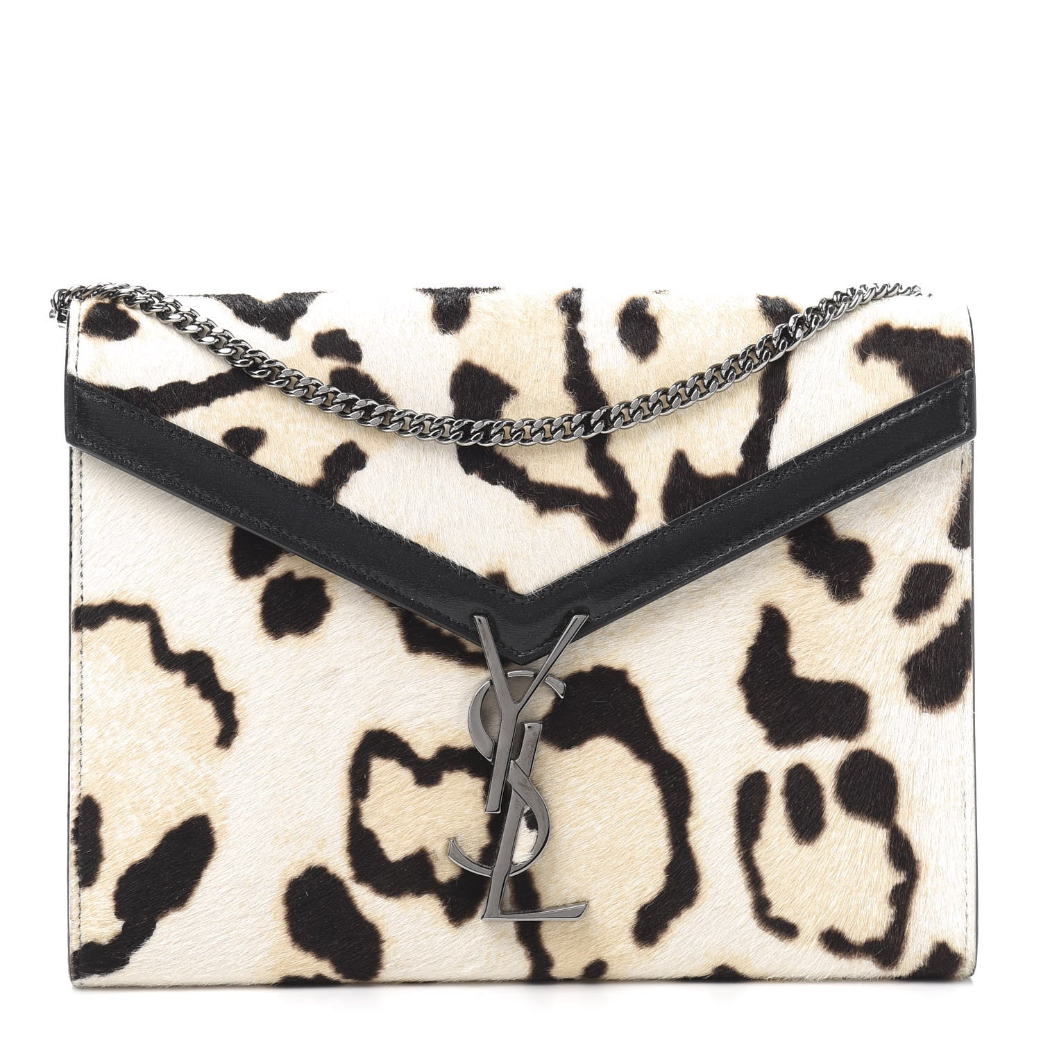 Saint Laurent Calf Hair Leopard Print Monogram Cassandra Chain Wallet White Multicolor 1 of 11